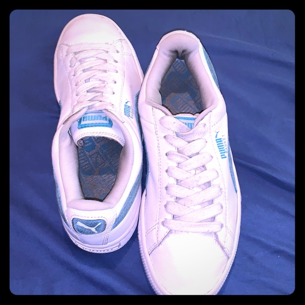 Blue and white puma basket shoes.